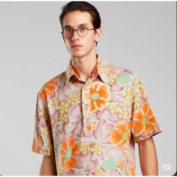 Barefoot in Paradise Cotton Floral Hawaiin Short Sleeve Polo Shirt Men's L Tall - Picture 5 of 12